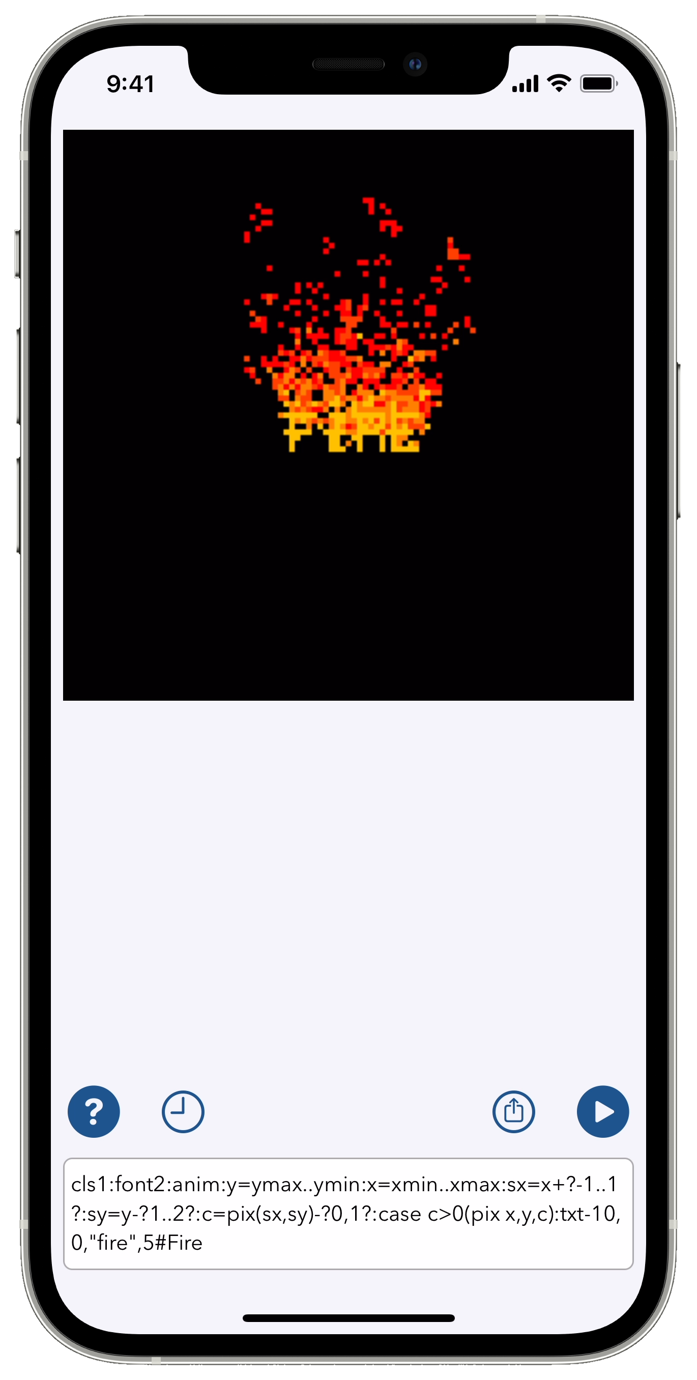 PixelNote, running a simulated-flames demo program; the pixel display has a black background and contains the word FIRE in yellow with yellow, orange, and red pixels emulating flames as if it were on fire, and the text field at the bottom contains the code which produces this animation.