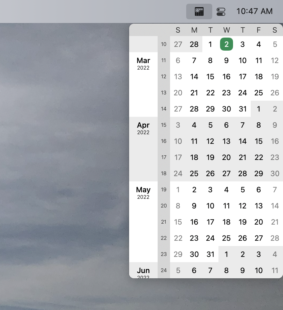 Screenshot of Three Month Calendar opened beneath its Mac menu bar item