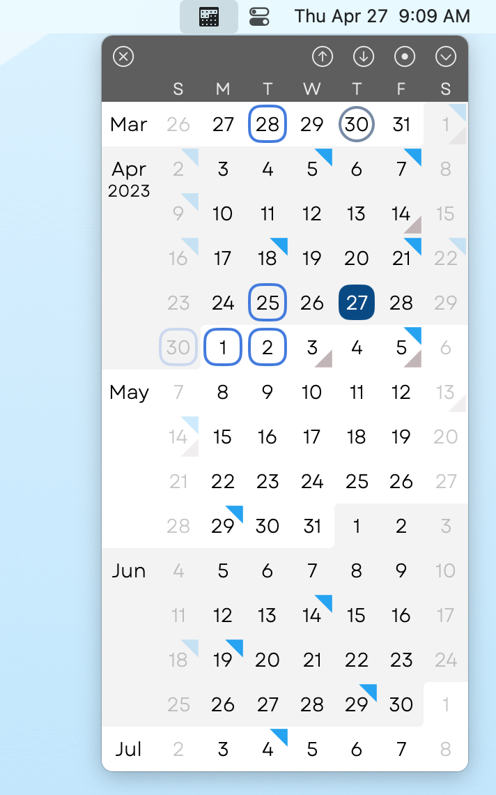 Screenshot of Three Month Calendar opened beneath its Mac menu bar item