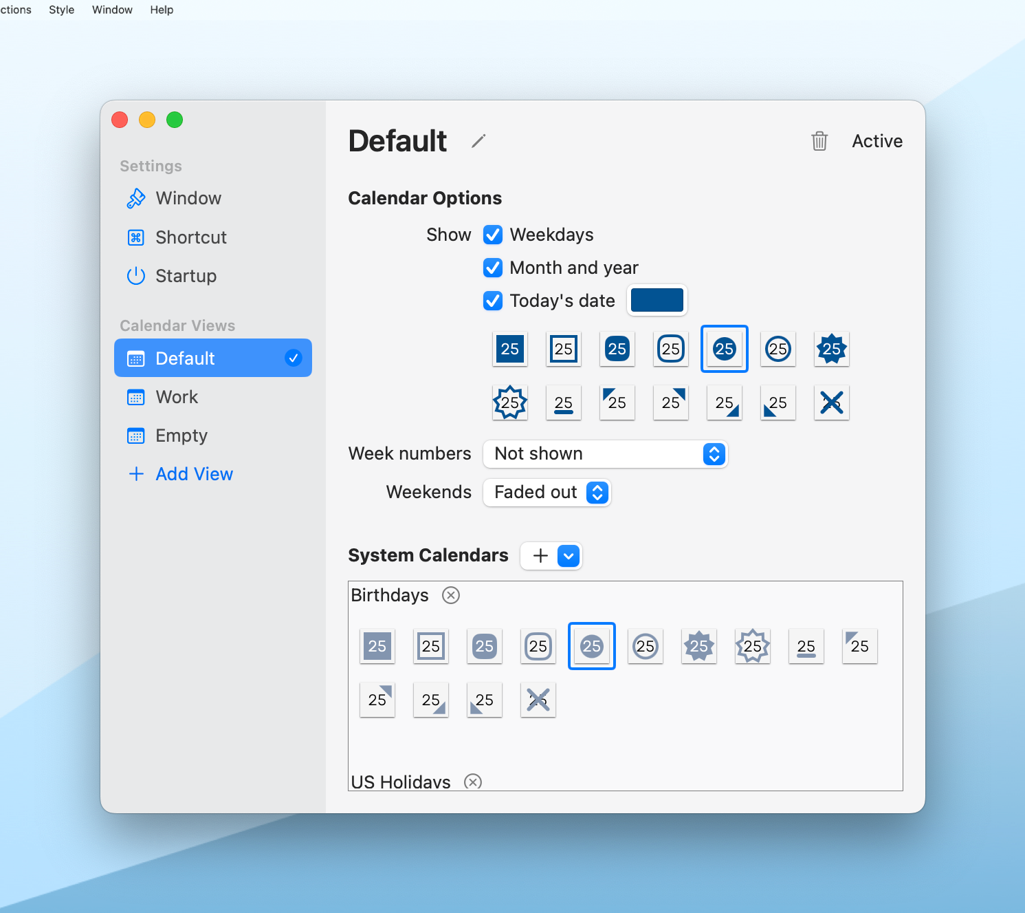 3MC Settings window, with the default calendar view selected, and two other views configured