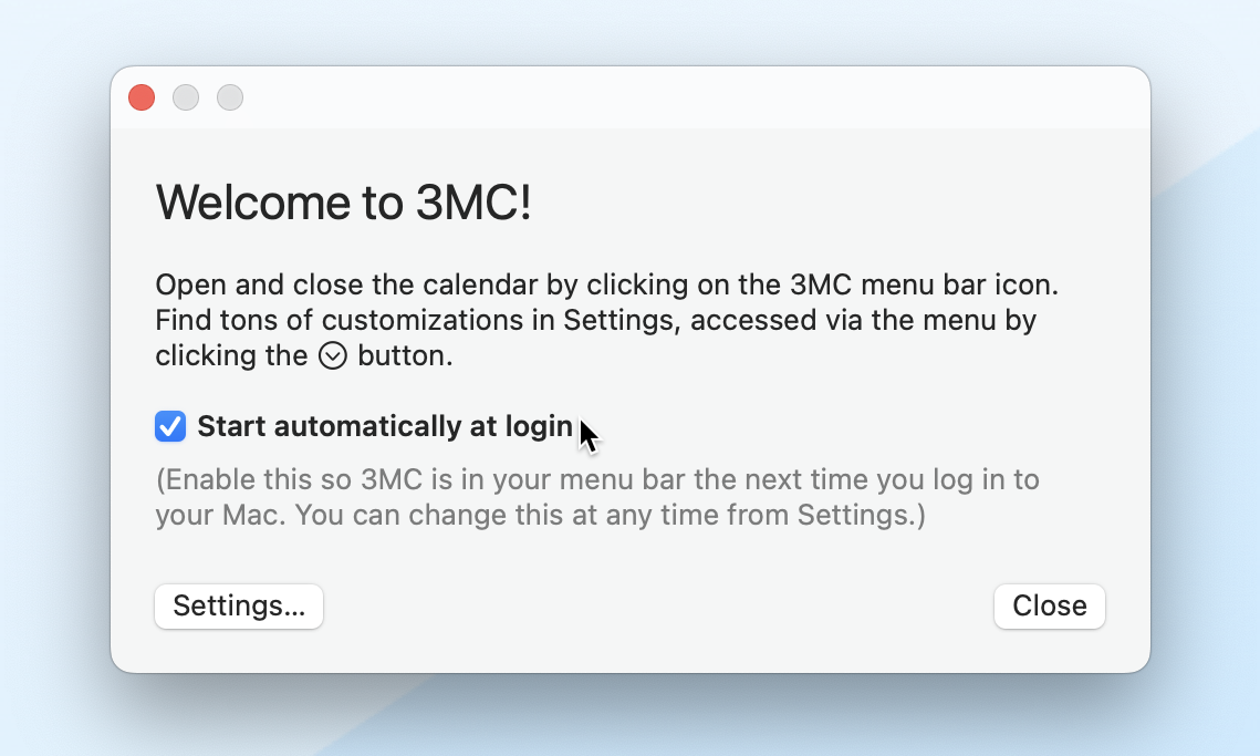 Screenshot of 3MC's initial welcome window