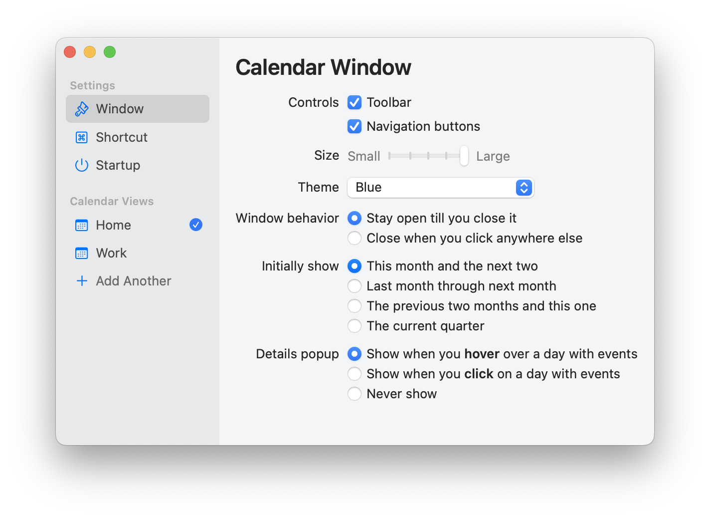 Screenshot of 3MC's Calendar Window preferences
