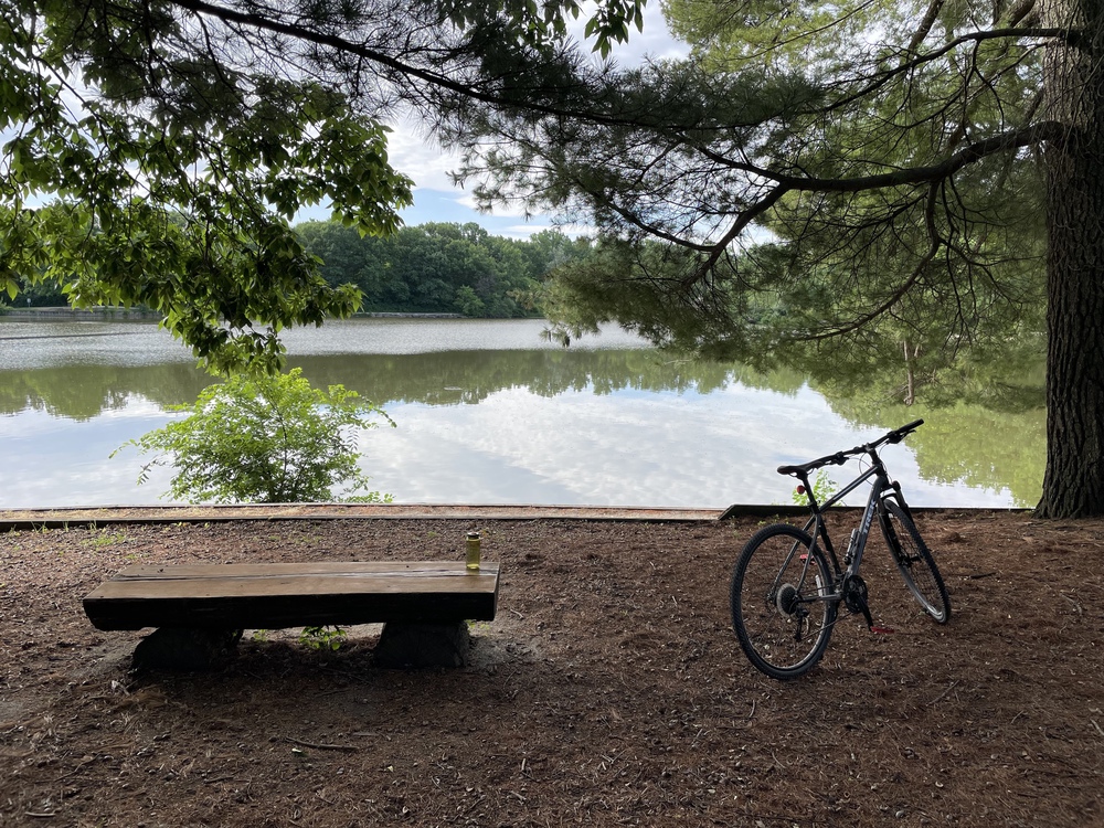 Photo of my bike parked next to a bench by a lake