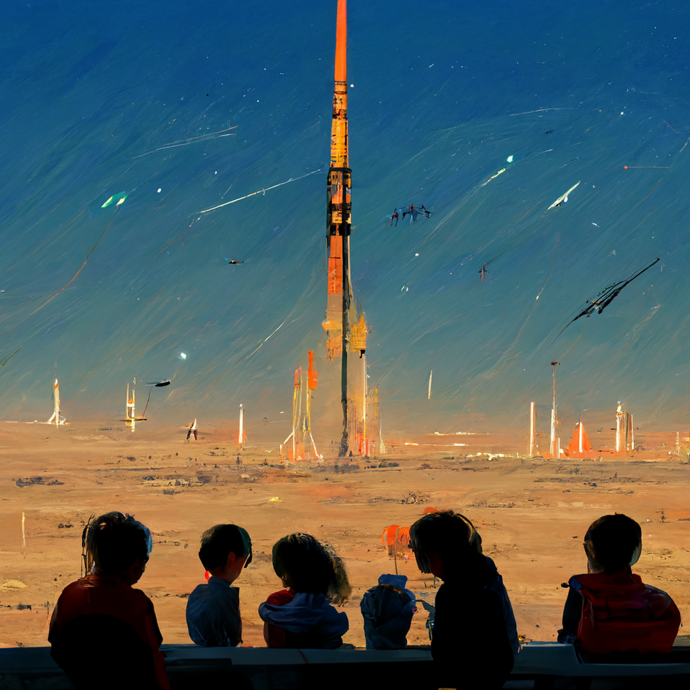 AI-generated, impressionistic image of a distant massive spire surrounded by a scattering of smaller towers or rockets and various objects flying around it