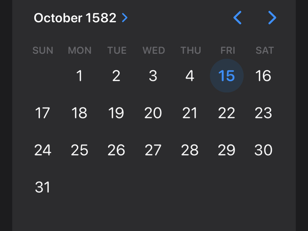 Screenshot of the Reminders app on an iPhone, with the date option enabled and the calendar open to October 1582. Day 4, a Thursday, is immediately followed by day 15, that Friday.