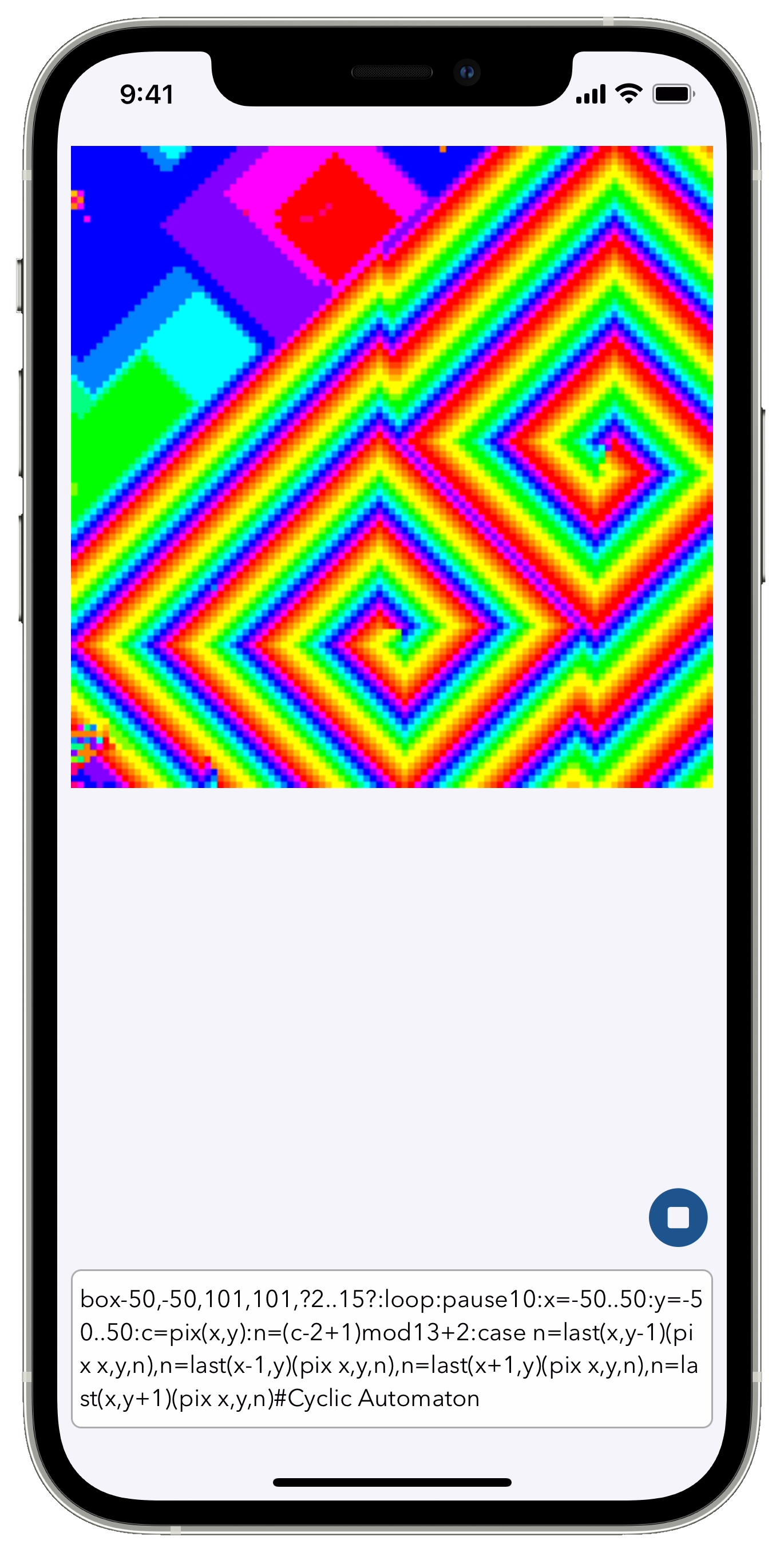 PixelNote, running a cyclic cellular automaton demo program; the pixel display is filled with colorful, diagonal spirals, and the text field at the bottom contains the code which produces this animation.