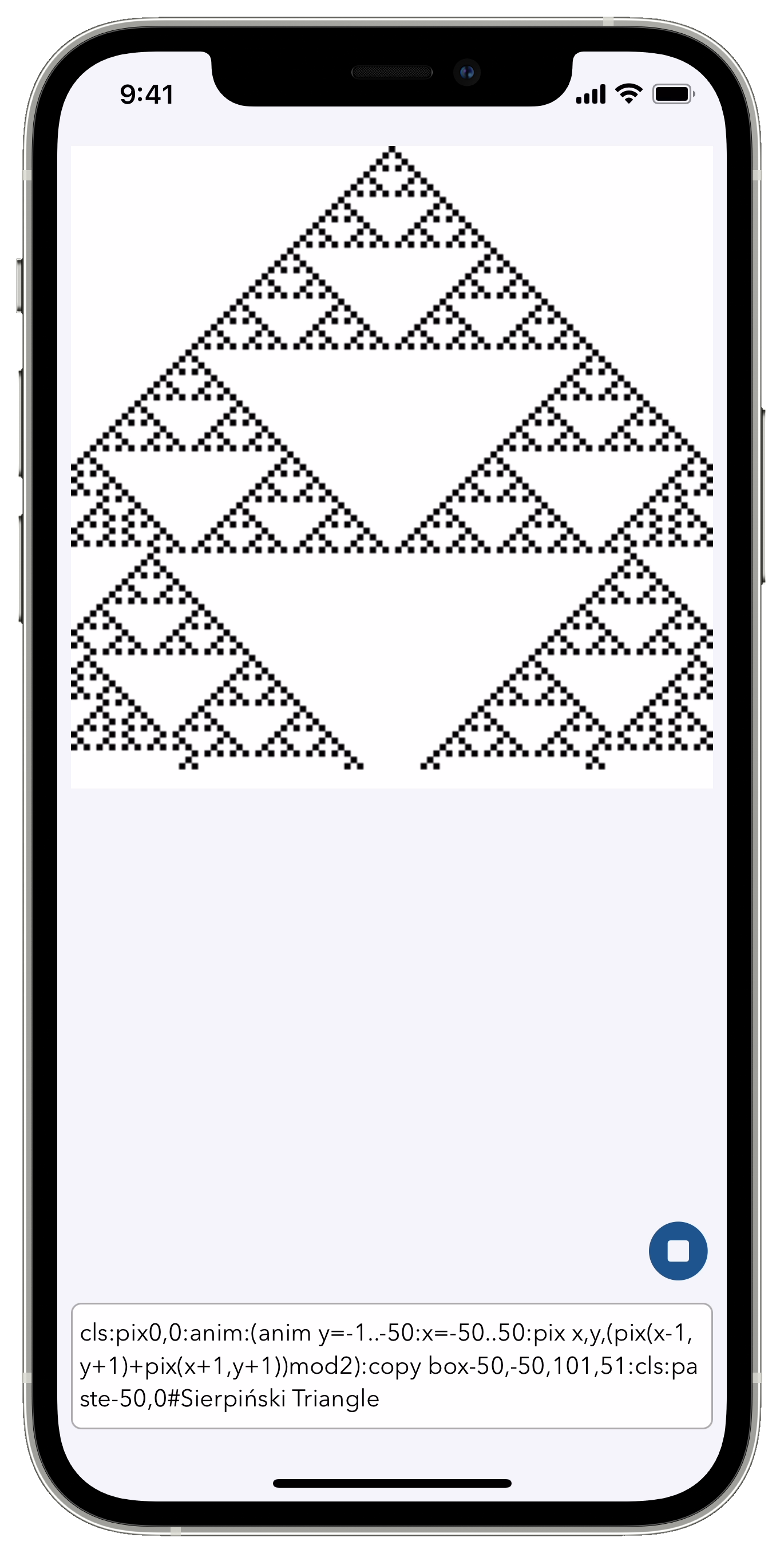 PixelNote, running a demo program which produces a Sierpiński triangle fractal pattern one row at a time from the top down; the pixel display contains a recursive pattern of triangles drawn as black pixels on a white background, and the text field at the bottom contains the code which produces this animation.